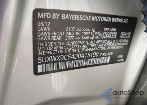 2013 BMW X3 xDrive28I z USA, uszkodzony, nr VIN 5UXWX9C54D0A15190